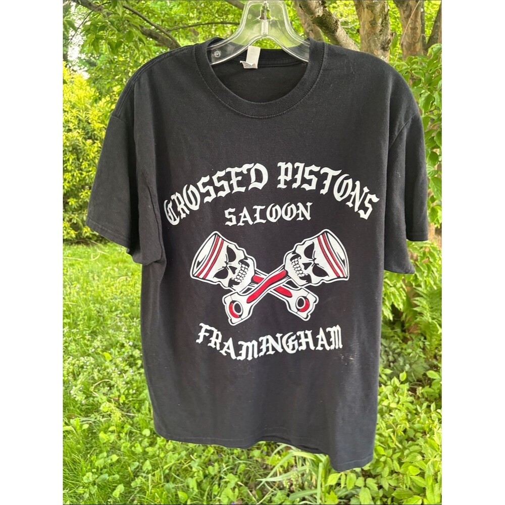 Jerzees Black Crossed Pistons Saloon Graphic Tee with Red & White Accents